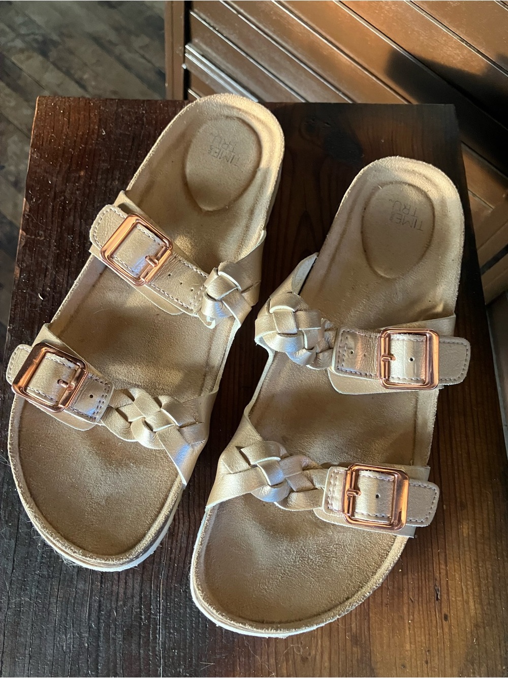 Time and Tru Beige Braided Dual Buckle Sandals with Rose Gold Buckles